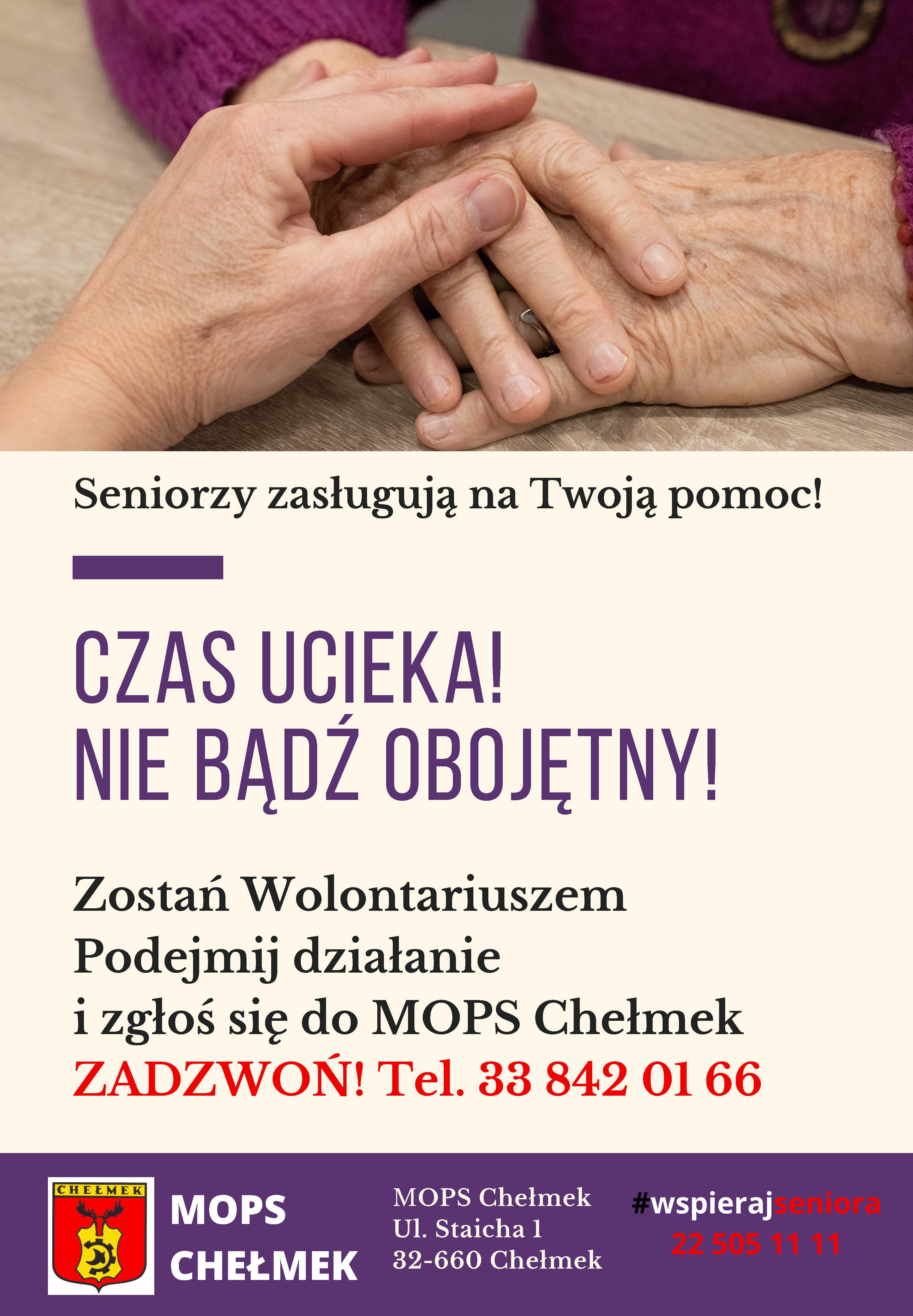 Ulotka informacyjna "Zostań Wolontariuszem" - zgłoś się do MOPS w Chełmku telefon 33 842 01 66 - dłoń młodszej osoby położona na rękach seniora.