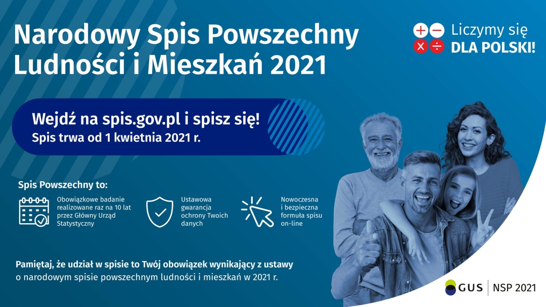plakat informujący o narodowym spisie powszechnym - strona spisu spis.gov.pl, gradientowe niebiesko-błękitne tło oraz postaci seniora, dwóch dorosłych oraz dziecka