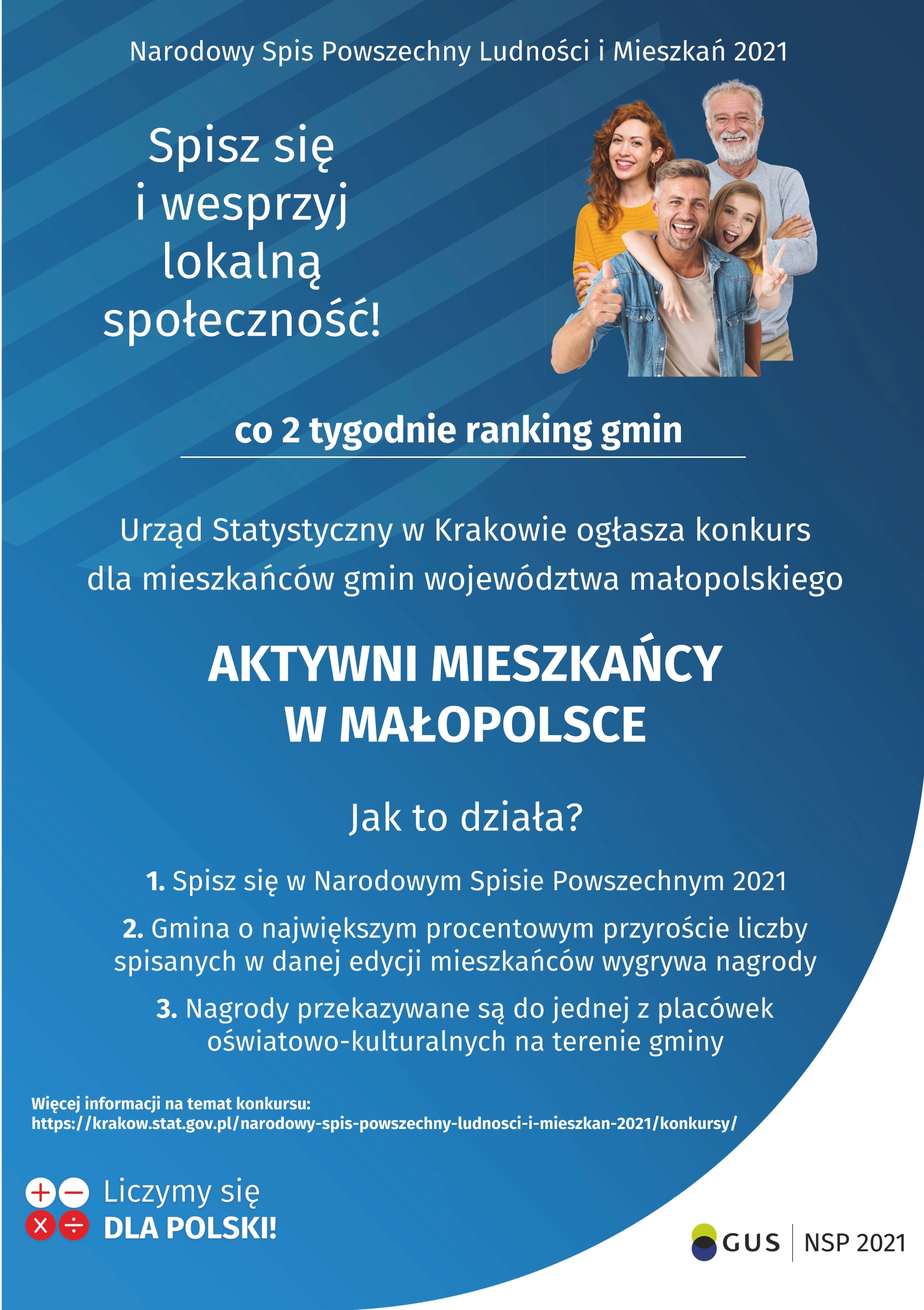 plakat konkusru "Aktywni mieszkańcy w Małopolsce" - przedstawia grupę osób oraz zasady konkursu