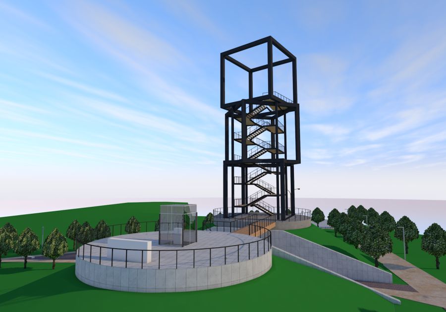 Wizualizacja przedstawiająca wieżę widokową im. Rtm. Witolda Pileckiego wraz z zagospodarowaniem terenu przyległego na wzgórzu Skała w Chełmku.