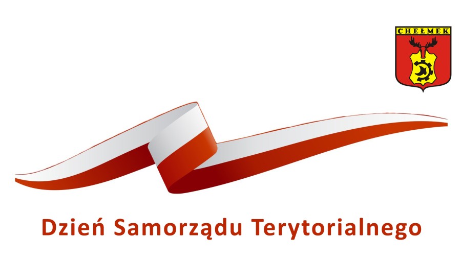 Grafika zawierająca herb Chełmka, wstęgę w kolorystyce flagi Polski oraz napis: Dzień Samorządu Terytorialnego.
