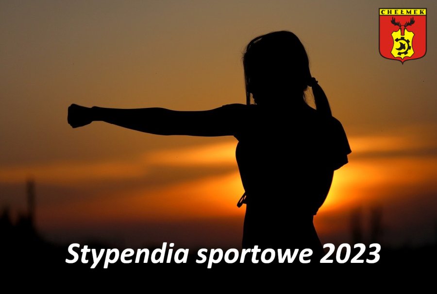 Grafika przedstawiająca postać kobiety trenującej karate na tle zachodu Słońca z podpisem: Stypendia sportowe 2023. W prawym górnym narożniku znajduje się herb Chełmka.