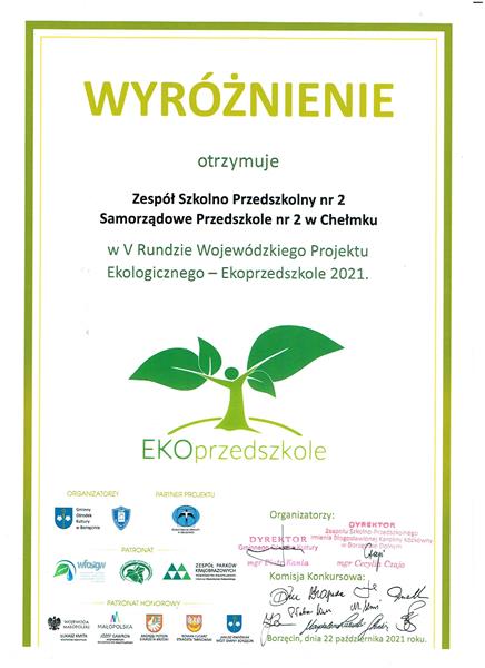 Wyróżnienie dla Przedszkola Samorządowego nr 2 w Samorządowym Zespole Szkolno – Przedszkolnym nr 2 w Chełmku