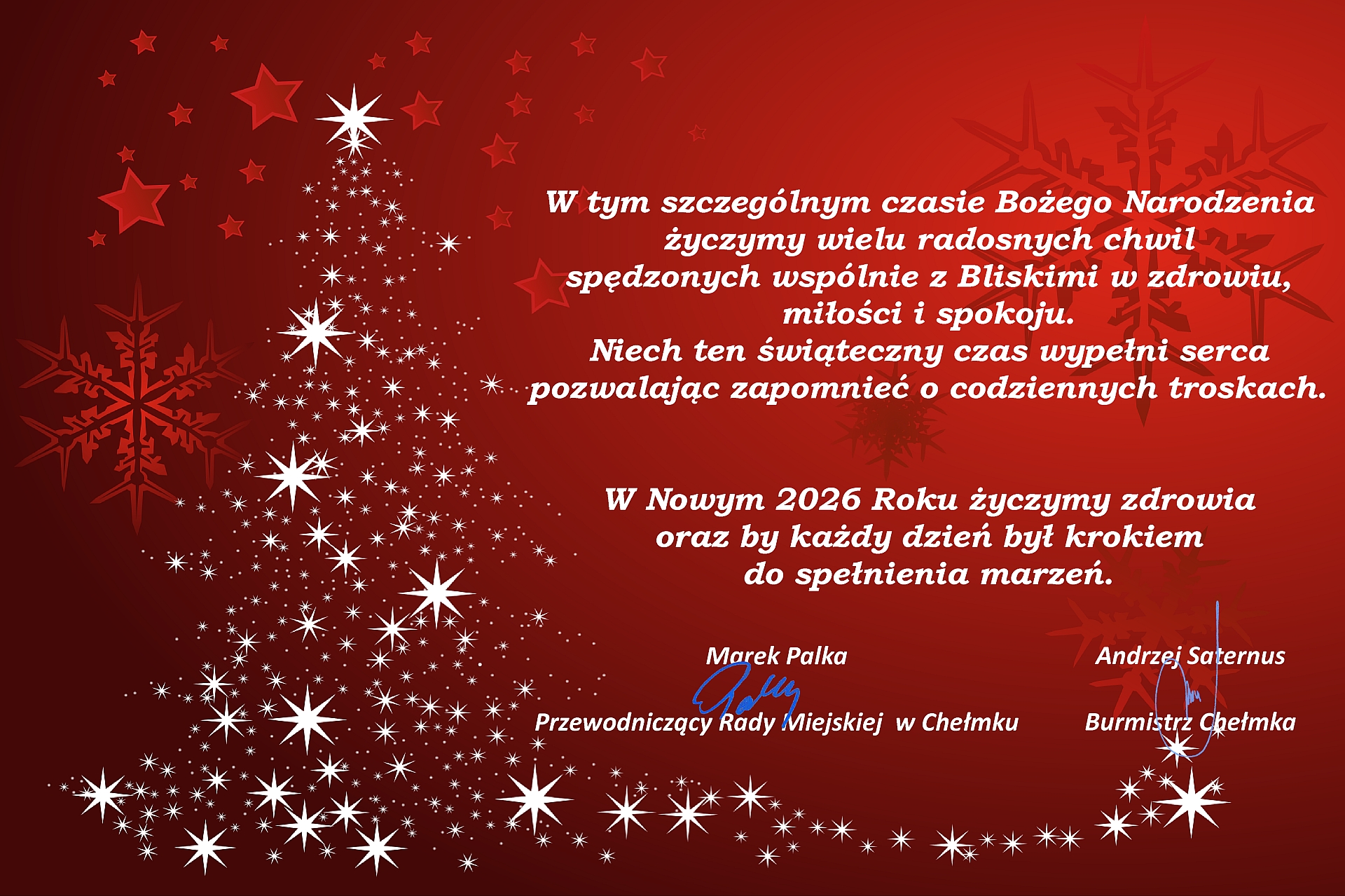 Życzenia Przewodniczącego Rady Miejskiej w Chełmku i Burmistrza Chełmka z okazji świąt Bożego Narodzenia i Nowego 2026 Roku.